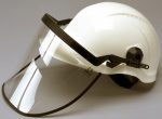 Hellberg Polycarbonate Plastic Visor With Holder Attached to Hardhat