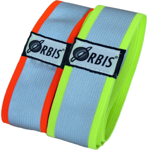 LVM Orbis Uni orange and yellow-green Reflective Bands next to each other